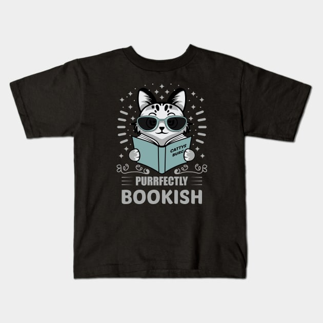 Purrfectly Bookish Kids T-Shirt by VecTikSam